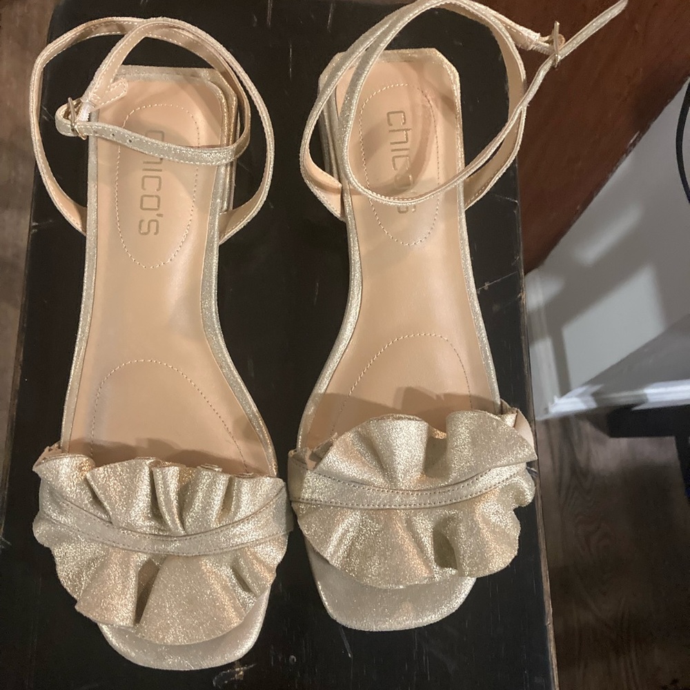 Chico's Gold Ruffled Sandals with Ankle Strap
